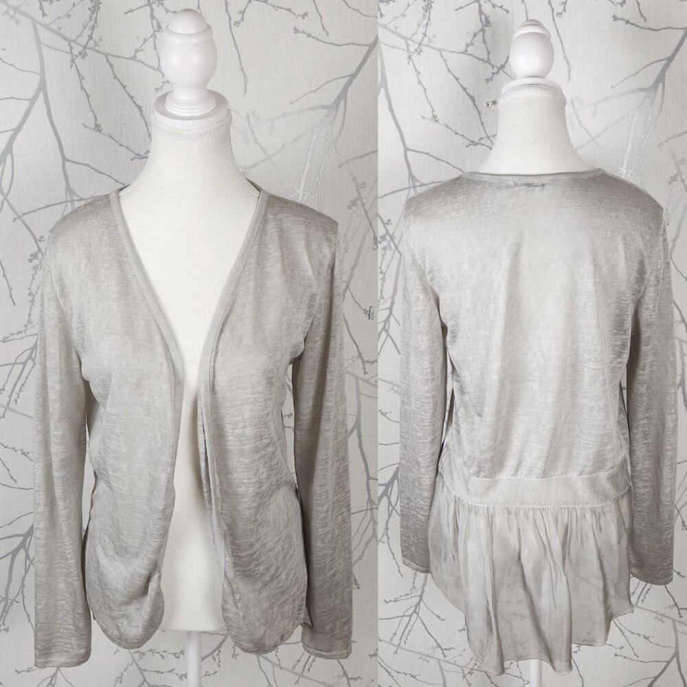 Elena Baldi Ivory Silver Lightweight Knit Open Front Peplum Cardigan